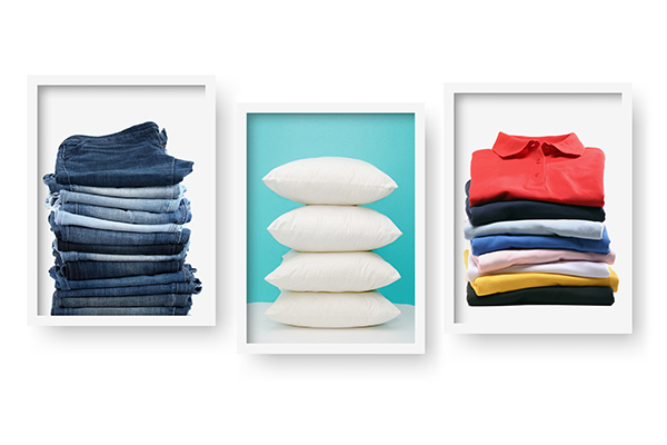photos of organized piles of clothing and pillows