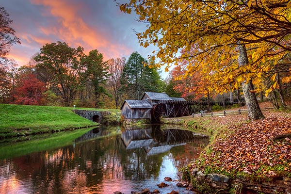 Mabry Mill in Autumn colors at sunset
