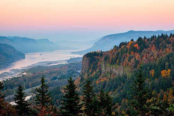 The Columbia River Gorge in Oregon just after sunset.