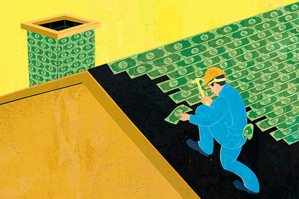 illustration of man laying dollar bills as roof tiles