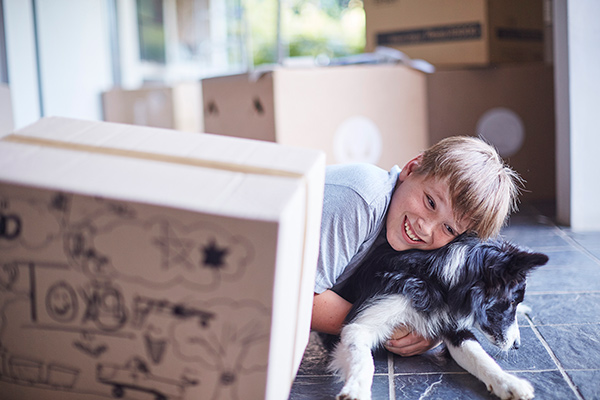little boy with dog surrounded by moving boxes