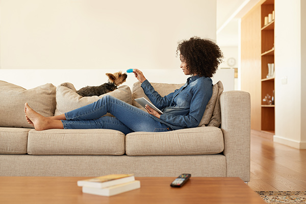 young woman lounging on couch with dog