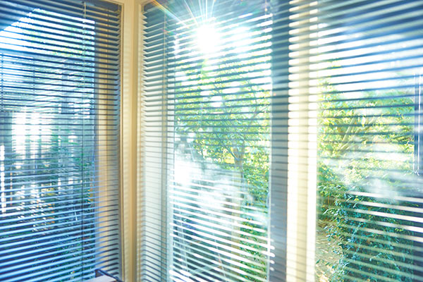 sun filtering through window blinds