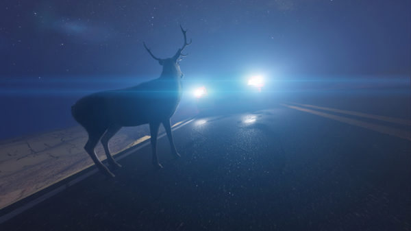 Illustration of a deer in front of a car.