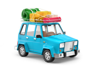 Small 3d blue SUV adventure with luggage on roof. 3d illustration