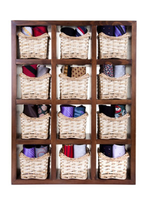 ties in the basket with wooden shelf