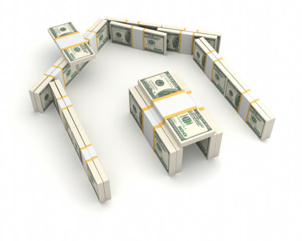 The shape of a house made of bundled dollar bills on a rich white background in a conceptual 3d vector illustration of ownership, wealth, property finances, insurance and expenditure.