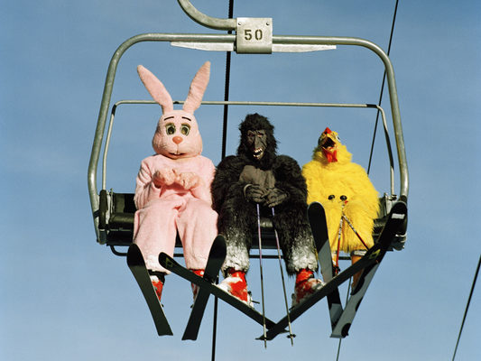 People wearing animal costumes riding ski lift