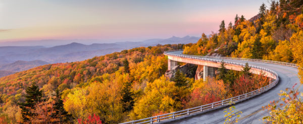 Scenic drive at Dawn on the Blue Ridge Parkway in Peak Autumn colours, North Carolina