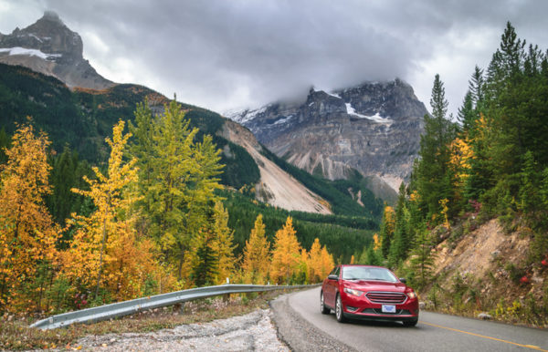 Autumn drive along Yoho Valley road in rocky mountains, in Yoho National Park, British Columbia province of Canada.