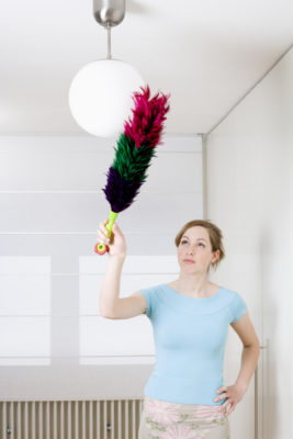 young woman dusting lamp with feather duster