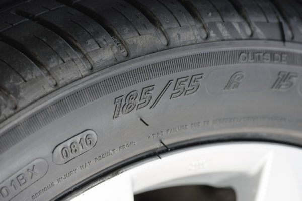 closeup details of car tire, sidewall information