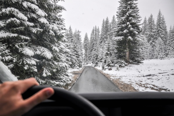 driving through wintry woods